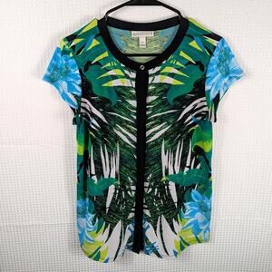 Dana Buchman Women’s Small Top Tropical Leaf Print Short Sleeve Stretch Blouse